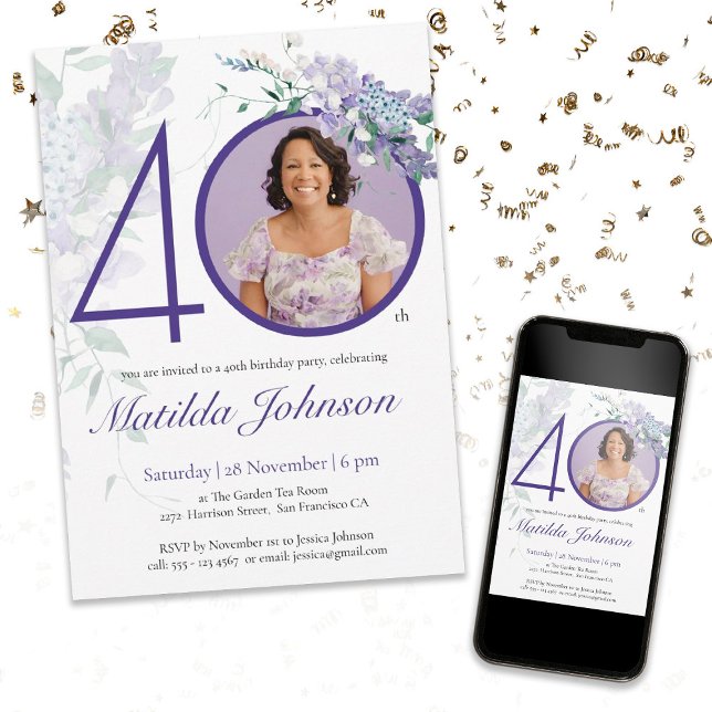 Invitación Purple Elegant Personalizado Foto Floral 40 cumple (Mock Up View)