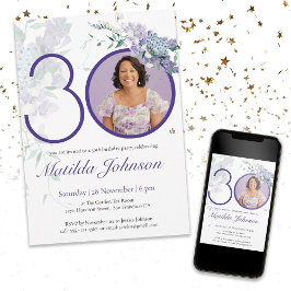 Invitación Purple Elegant Photo Floral 30 cumpleaños Fiesta