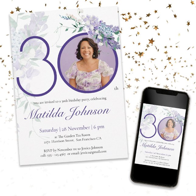 Invitación Purple Elegant Photo Floral 30 cumpleaños Fiesta (Mockup View)