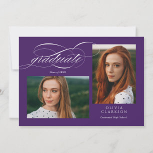Invitación Purple Elegant Script 3 Photo Graduation Party