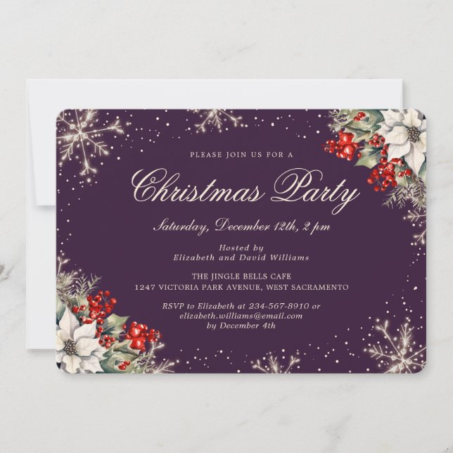 Invitación Purple Elegant Snowflakes Christmas Holiday Party (Anverso)