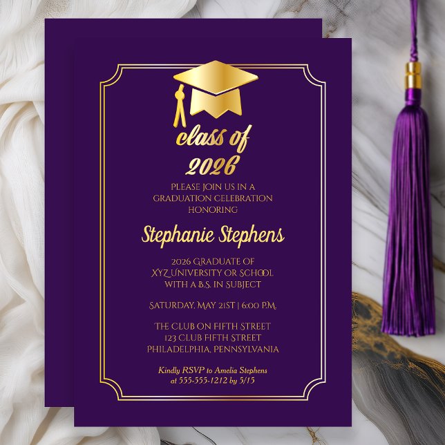 Invitación Purple elegante | Fiesta de Graduación del Gold Ca (Class of 2026 Elegant Purple Gold College Graduation Party)