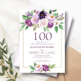 Invitación Purple elegante | Violet Floral 100 cumpleaños
