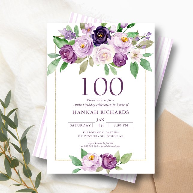 Invitación Purple elegante | Violet Floral 100 cumpleaños (Subido por el creador)
