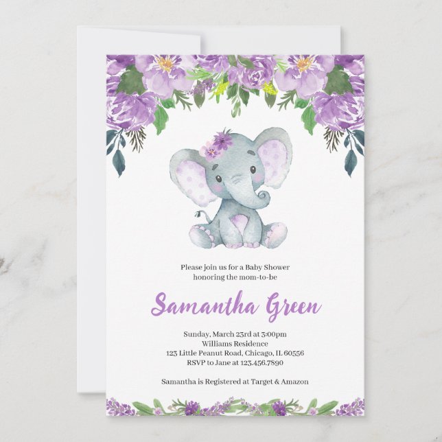 Invitación Purple Elephant Baby Shower (Anverso)