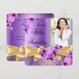 Invitación Purple Fabulous 50 Photo Gold Rosa Bow Cumpleaños
