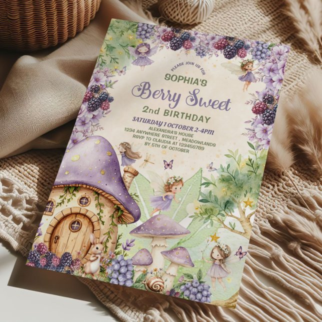 Invitación Purple Fairy Berry Sweet 2nd Birthday Invitation (Subido por el creador)