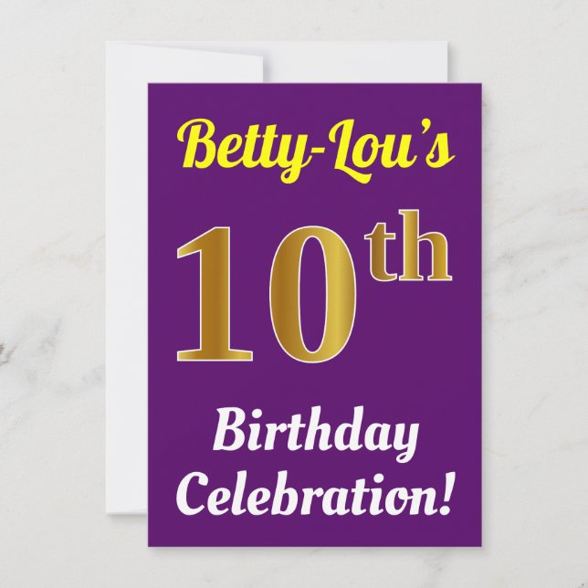 Invitación Purple, Faux Gold 10 Cumpleaños Celebración + Nomb (Anverso)