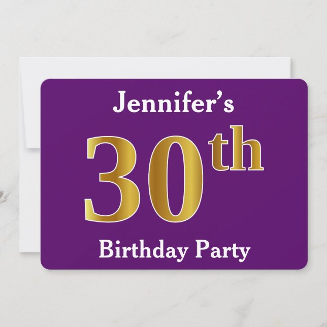 Invitación Purple, Faux Gold 30th Birthday Fiesta; Nombre per (Anverso)