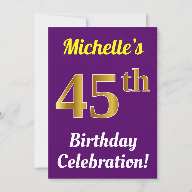 Invitación Purple, Faux Gold 45th Birthday Celebration + Name (Anverso)