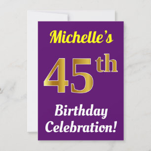 Invitación Purple, Faux Gold 45th Birthday Celebration + Name