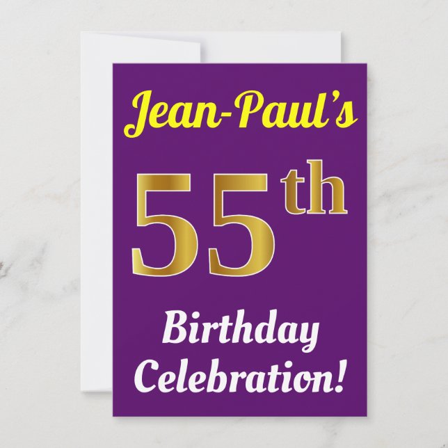 Invitación Purple, Faux Gold 55th Birthday Celebration + Name (Anverso)