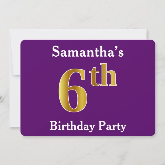 Invitación Purple, Faux Gold 6Cumpleaños Party + Custom Name (Anverso)