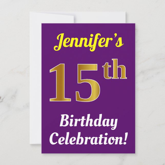 Invitación Purple, Faux Gold Celebración de cumpleaños 15 + N (Anverso)