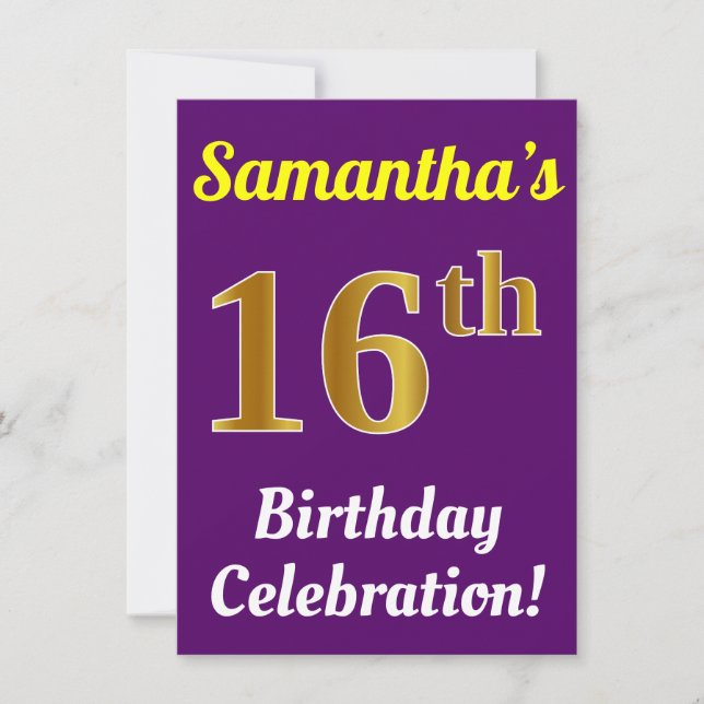 Invitación Purple, Faux Gold Celebración de cumpleaños 16 + N (Anverso)
