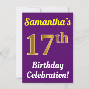 Invitación Purple, Faux Gold Celebración de cumpleaños 17 + n