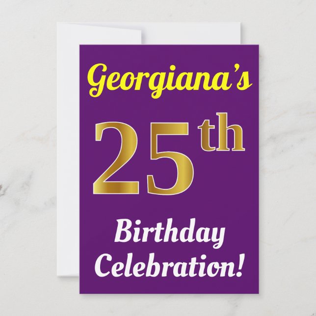 Invitación Purple, Faux Gold Celebración de cumpleaños 25 + N (Anverso)