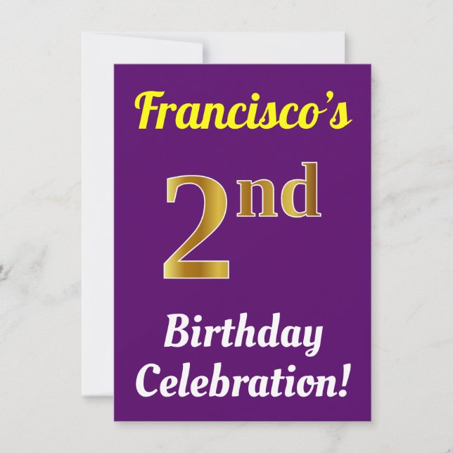 Invitación Purple, Faux Gold Celebración de cumpleaños 2 + No (Anverso)