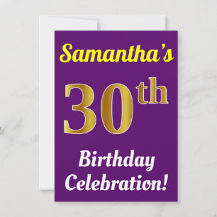 Invitación Purple, Faux Gold Celebración de cumpleaños 30 + N