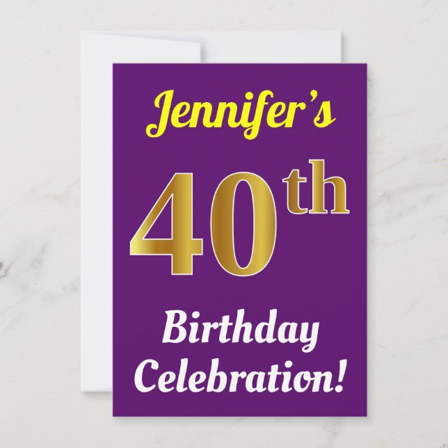 Invitación Purple, Faux Gold Celebración de cumpleaños 40 + N (Anverso)