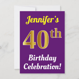 Invitación Purple, Faux Gold Celebración de cumpleaños 40 + N