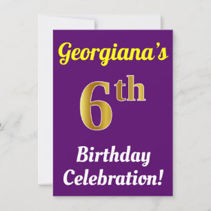 Invitación Purple, Faux Gold Celebración de cumpleaños 6 + No