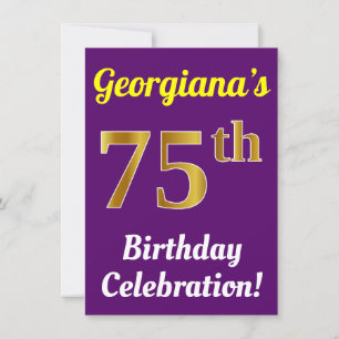 Invitación Purple, Faux Gold Celebración de cumpleaños 75 + N