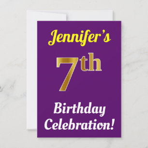 Invitación Purple, Faux Gold Celebración de cumpleaños 7 + No
