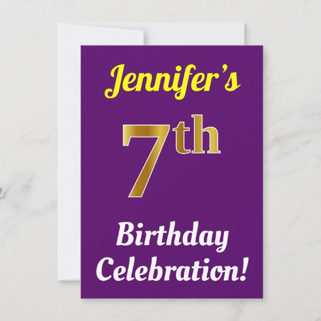 Invitación Purple, Faux Gold Celebración de cumpleaños 7 + No (Anverso)