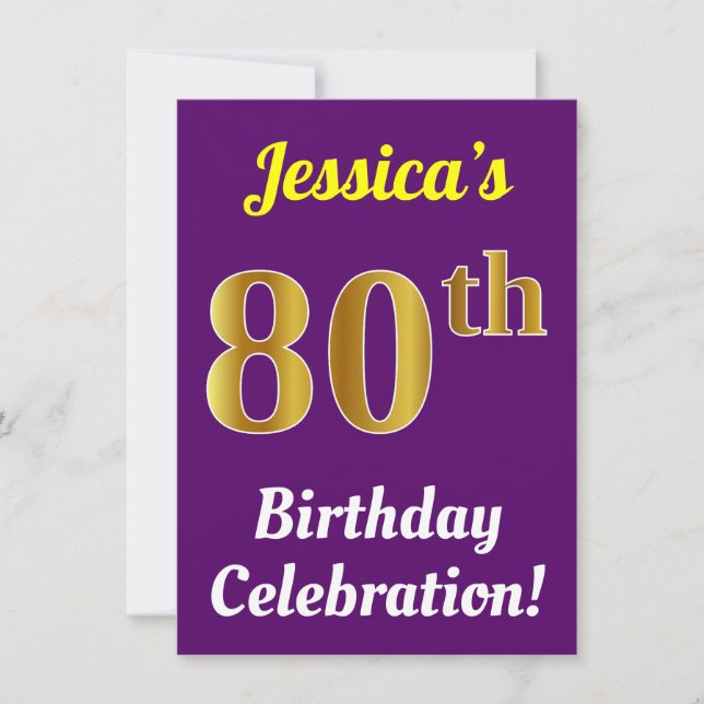 Invitación Purple, Faux Gold Celebración de cumpleaños 80 + N (Anverso)