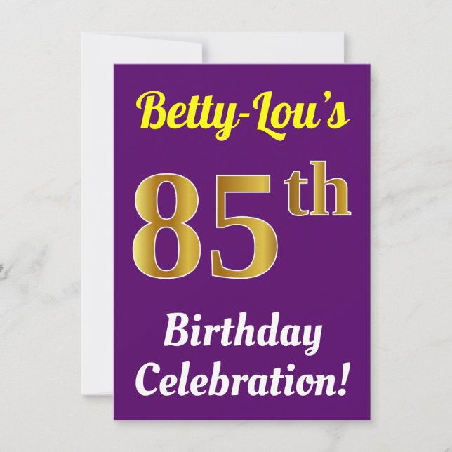 Invitación Purple, Faux Gold Celebración de cumpleaños 85 + N (Anverso)
