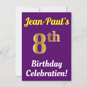 Invitación Purple, Faux Gold Celebración de cumpleaños 8 + No