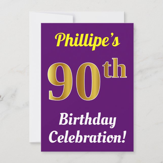 Invitación Purple, Faux Gold Celebración de cumpleaños 90 + N (Anverso)