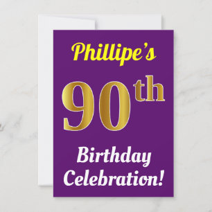 Invitación Purple, Faux Gold Celebración de cumpleaños 90 + N