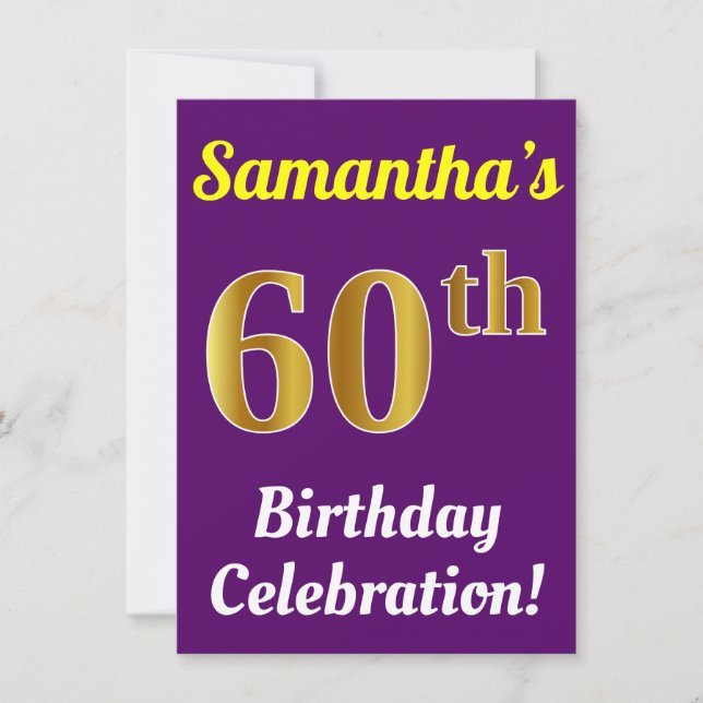 Invitación Purple, Faux Gold Celebración de cumpleaños número (Anverso)