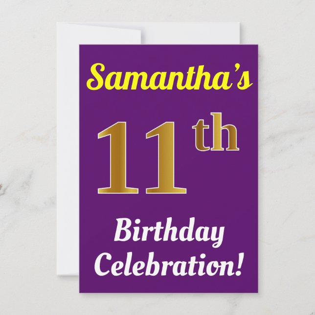 Invitación Purple, Faux Gold Celebración del 11 cumpleaños +  (Anverso)