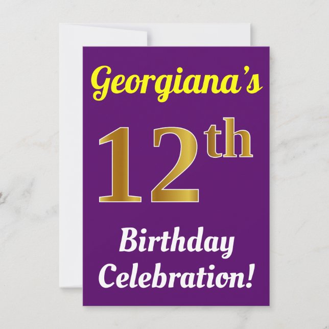 Invitación Purple, Faux Gold Celebración del 12 cumpleaños +  (Anverso)