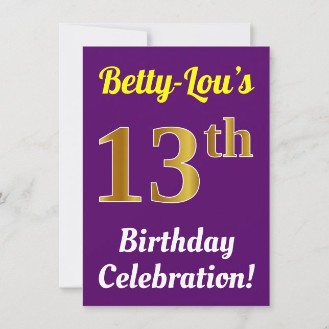 Invitación Purple, Faux Gold Celebración del 13 cumpleaños +  (Anverso)