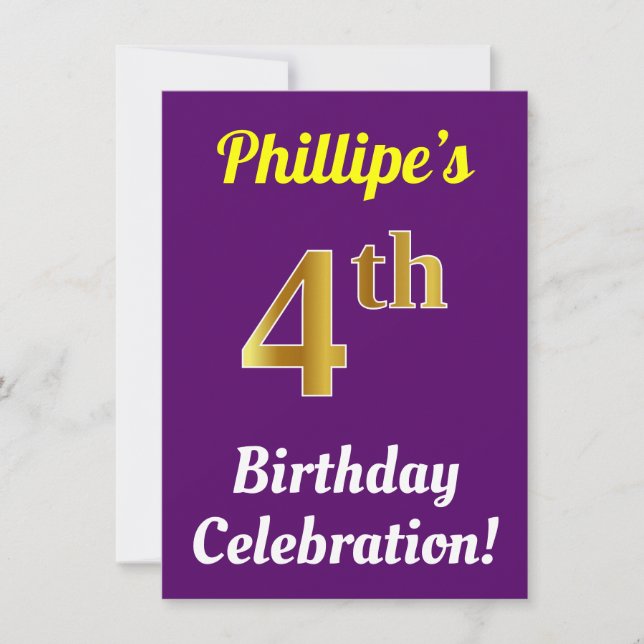 Invitación Purple, Faux Gold Celebración del cuarto cumpleaño (Anverso)