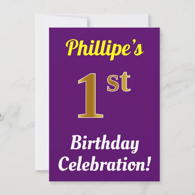 Invitación Purple, Faux Gold Celebración del primer cumpleaño (Anverso)