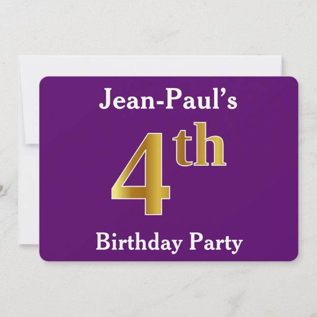 Invitación Purple, Faux Gold Cuarto Fiesta de cumpleaños + No (Anverso)