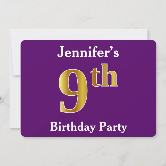 Invitación Purple, Faux Gold Novena fiesta de cumpleaños + No (Anverso)