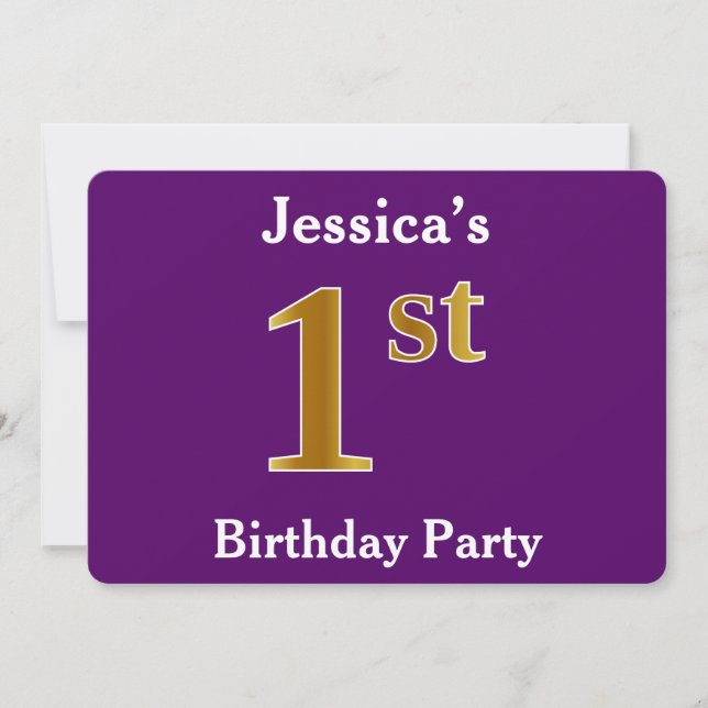 Invitación Purple, Faux Gold Primer Fiesta de cumpleaños + No (Anverso)