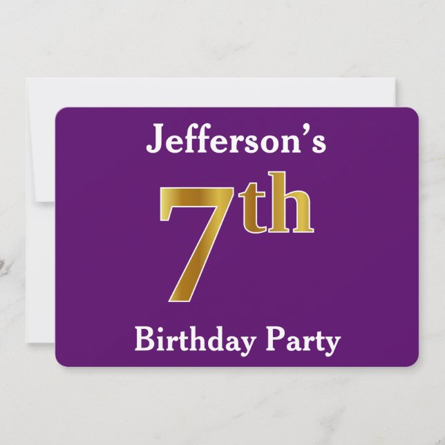 Invitación Purple, Faux Gold Séptima Fiesta de Cumpleaños + N (Anverso)