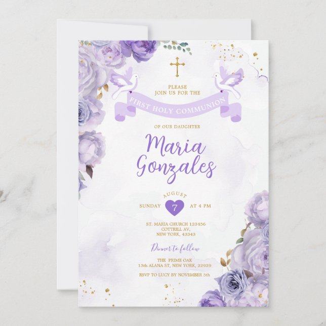 Invitación Purple First Holy Communia cruza mariposa floral (Anverso)