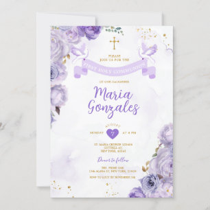 Invitación Purple First Holy Communia cruza mariposa floral