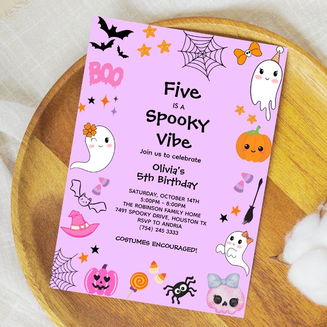 Invitación Purple Five es Spooky Vibe Halloween 5º cumpleaños (Purple Five is a Spooky Vibe Halloween 5th Birthday Invitation )