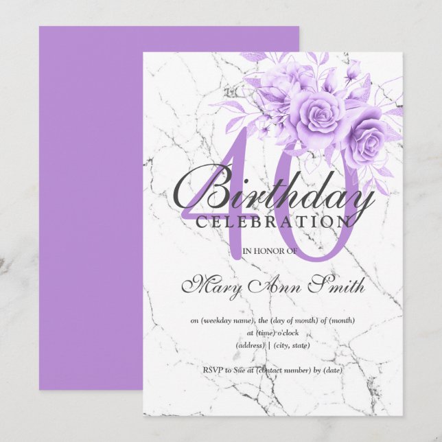 Invitación Purple Floral 40 cumpleaños Fiesta Marble (Anverso / Reverso)