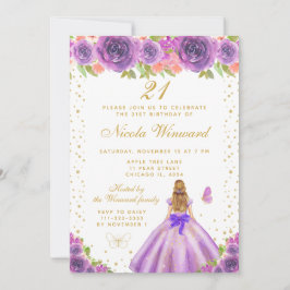 Invitación Purple Floral Blonde Hair Princess Birthday Party