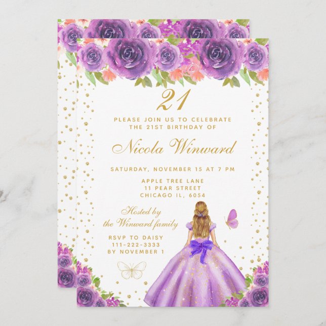 Invitación Purple Floral Blonde Hair Princess Birthday Party (Anverso / Reverso)